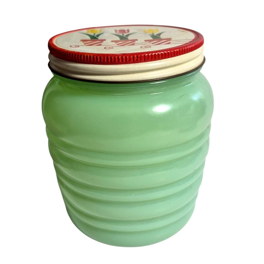 Vintage Fire King Jadeite Grease Jar Ribbed Beehive Design Metal Lid Tulips